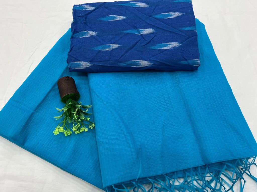 CornflowerBlue plain kota doria saree with cotton ikkat printed blouse