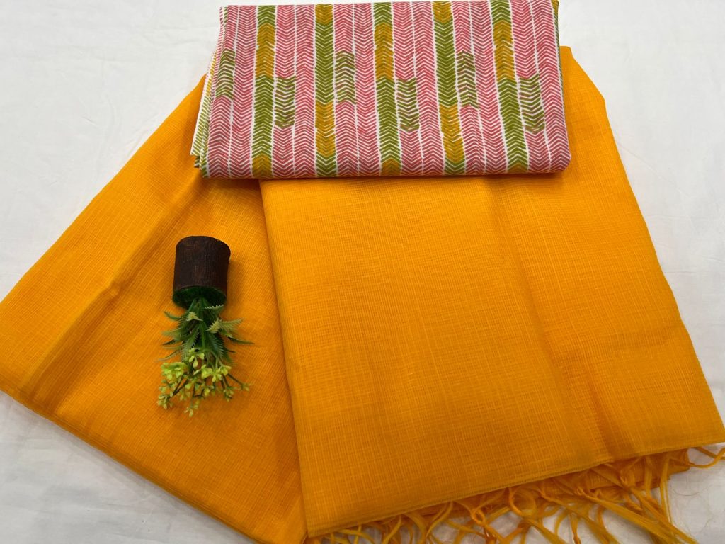 Carrot Orange plain kota doriya saree with printed cotton blouse