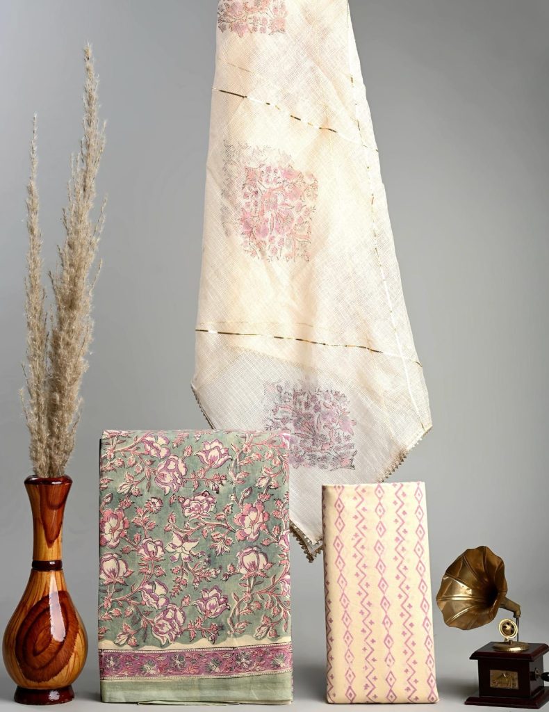 Asparagus cotton party wear churidar materials online with kota doria dupatta