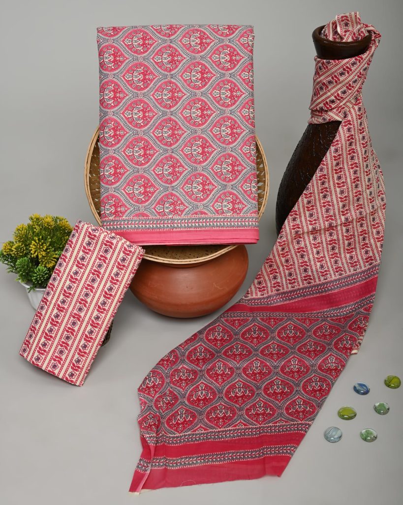 Amaranth red cotton dress materials wholesale with mulmul dupatta