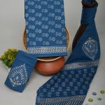 Denim blue gold foil print cotton churidar materials online with mulmul dupatta