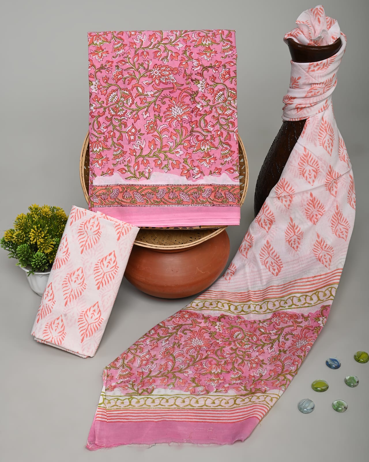 Brilliant Rose cotton unstitched dress material with mulmul dupatta