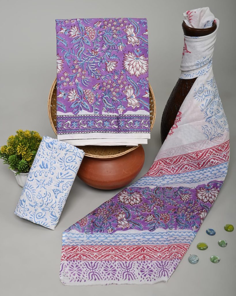 Printed Amethyst cotton fabric for a dress with mulmul dupatta