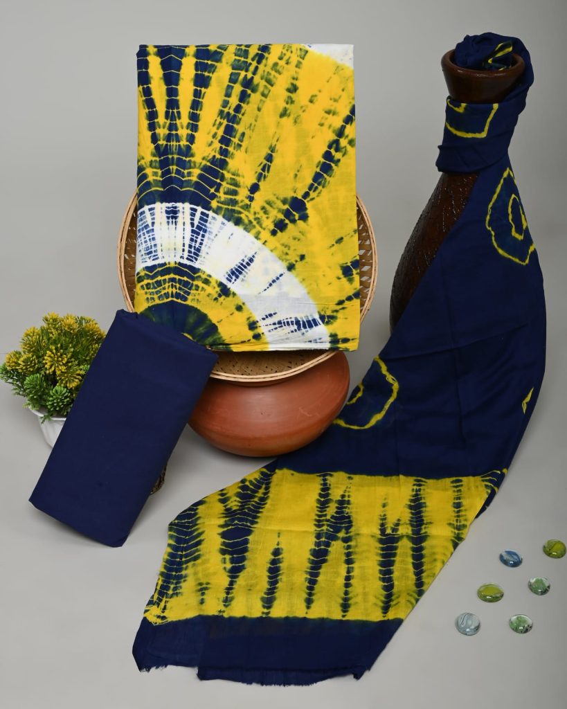 Yellow and Dark blue shibori print cotton online cloth material with cotton dupatta