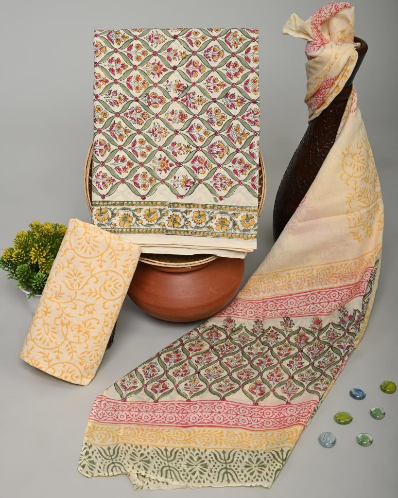 AntiqueWhite hand block printed cotton clothing material with cotton dupatta