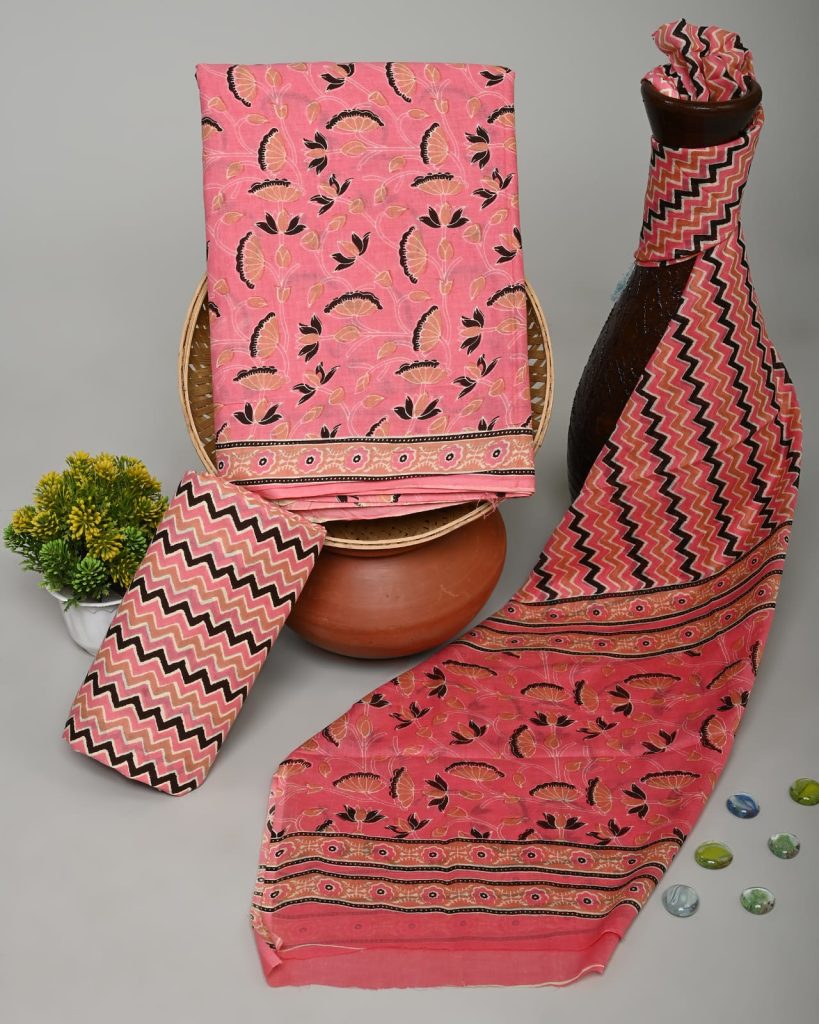 Brink Pink printed cotton materials online with cotton dupatta