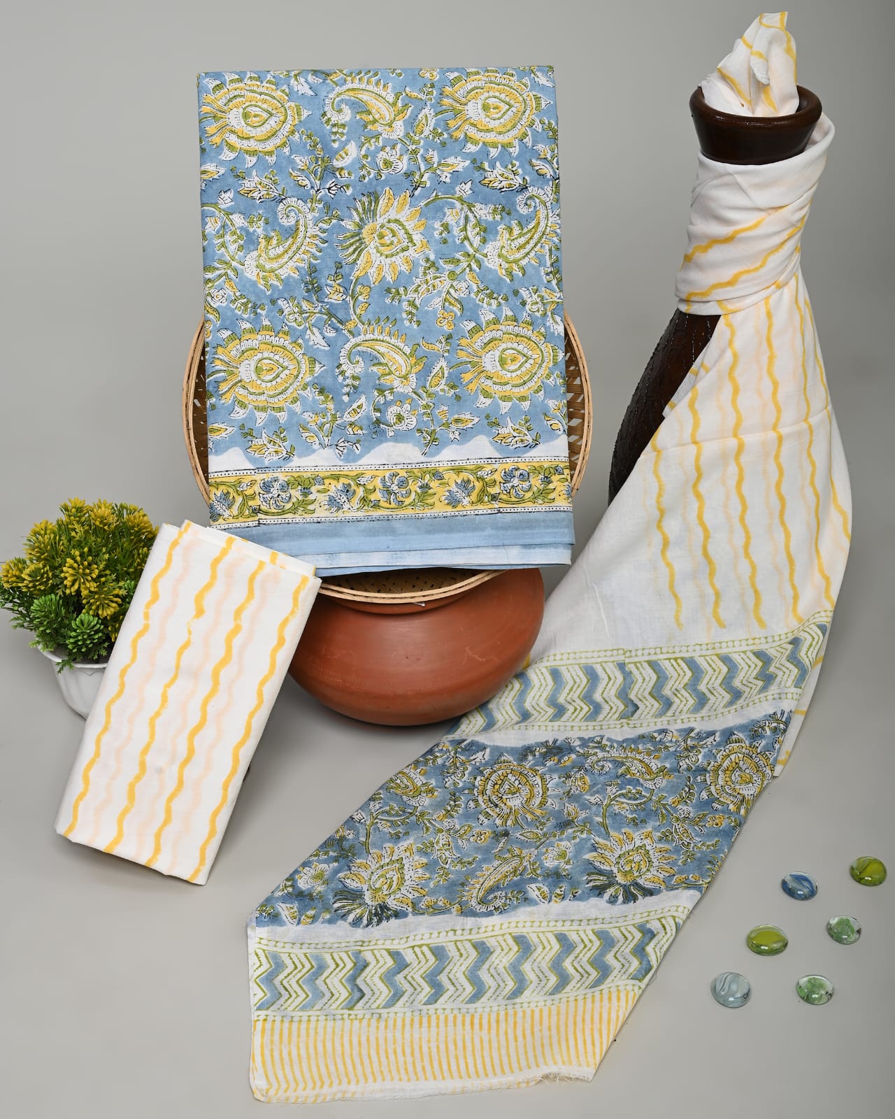 CornflowerBlue cotton fabric material online with cotton dupatta