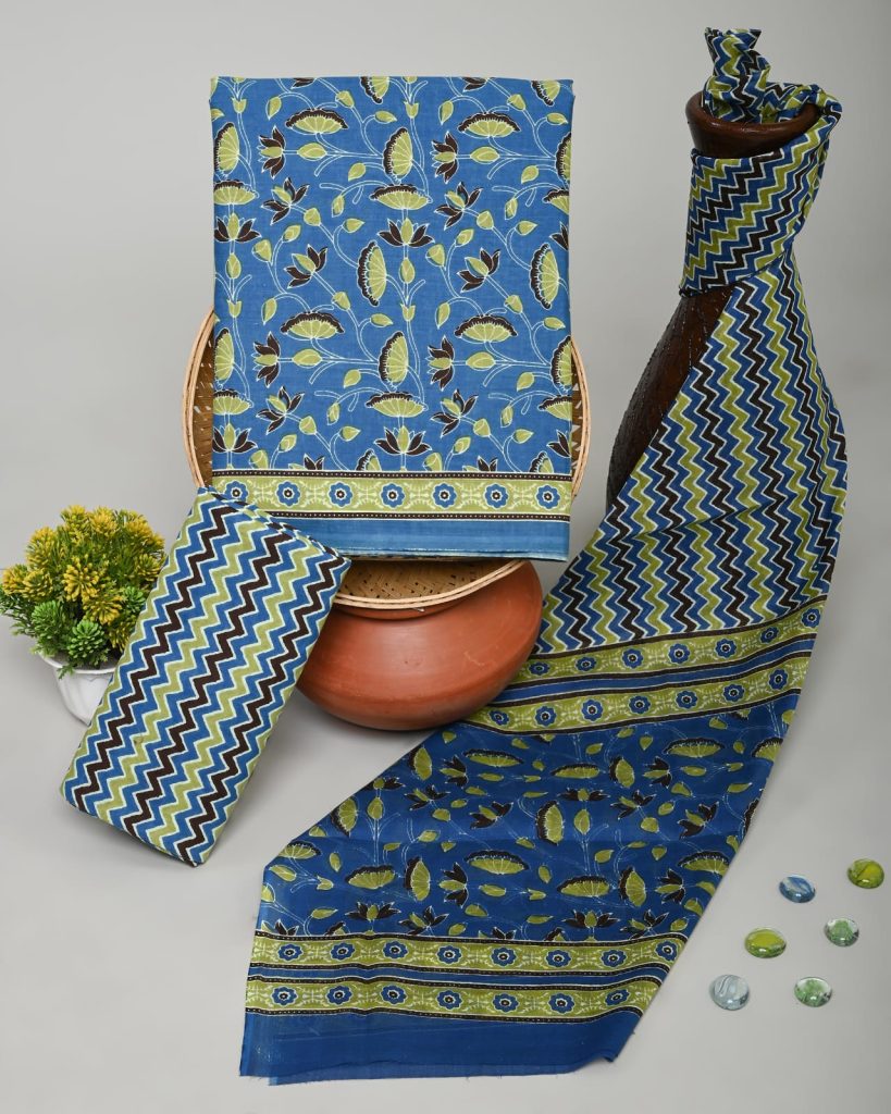 Cerulean Blue cotton dress material fabric with cotton dupatta