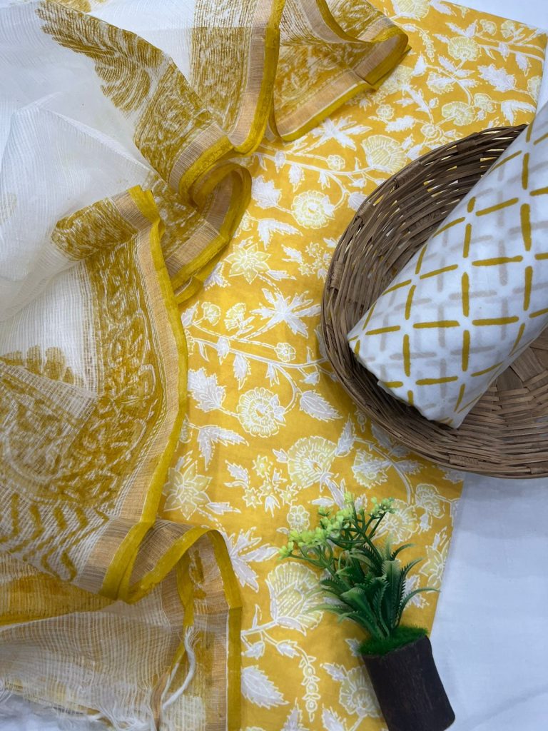 Amber yellow hand block printed cotton suits with kota dupatta