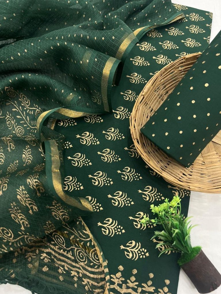 Fern Green gold foil printed cotton suits with kota doria dupattas wholesale