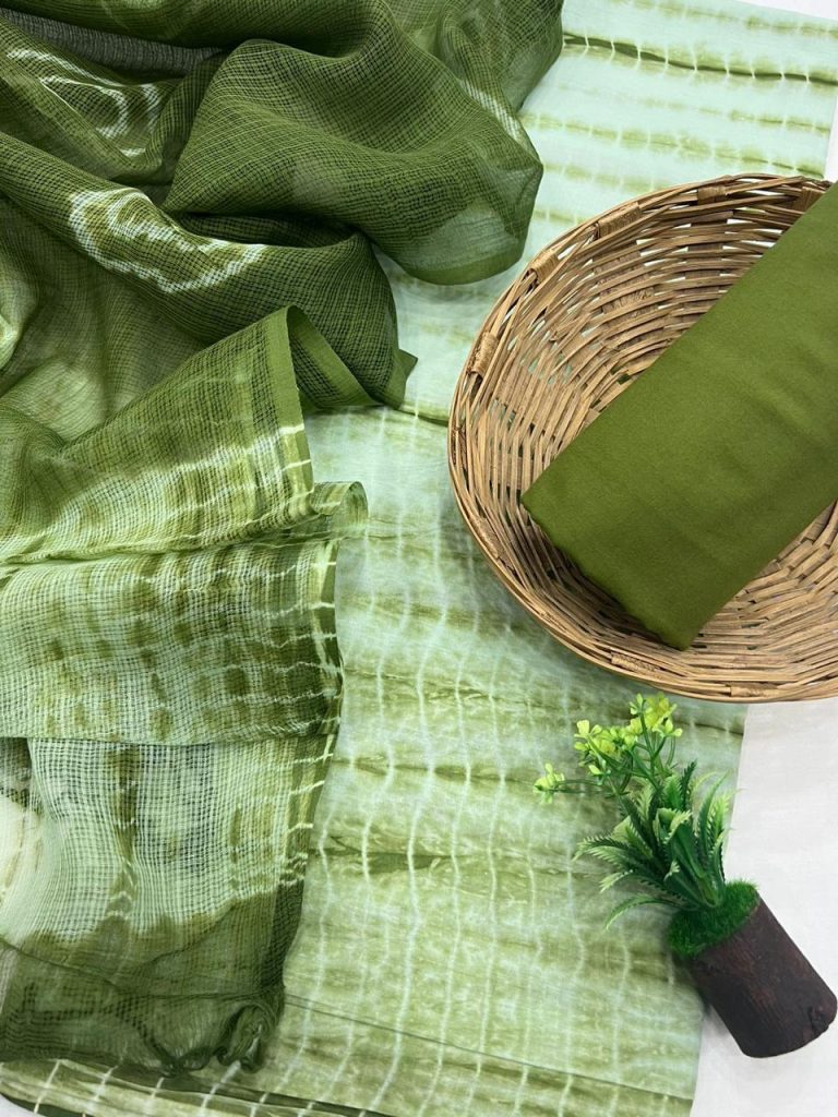 Asparagus shibori print cotton dress materials at low price with kota doria dupatta