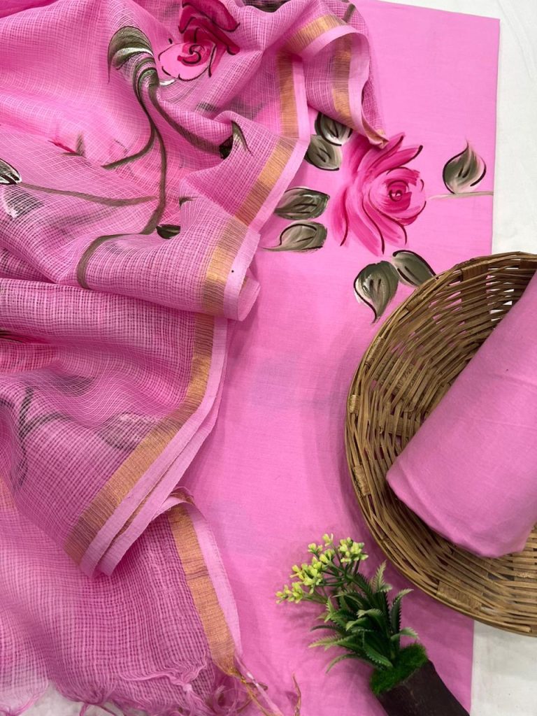 Brilliant Rose hand brush painted cotton salwar dress material with kota doria dupatta