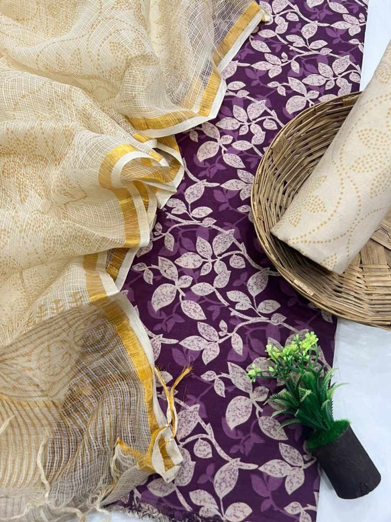 Dark Byzantium hand block printed cotton dress material fabric with kota doria dupatta