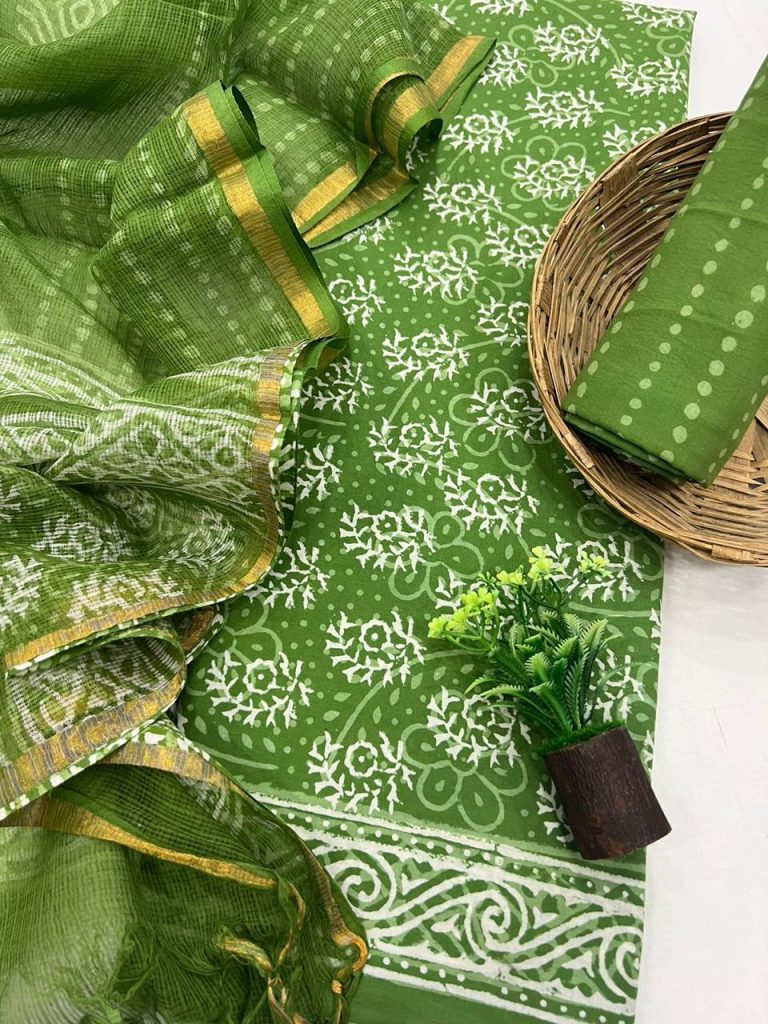 Forest Green hand block printed cotton salwar dress materials with kota doria dupatta