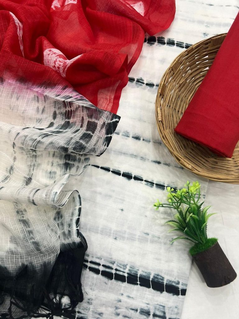 White and red shibori print cotton dress materials new model with kota doria dupatta
