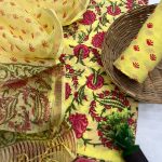 Canary Yellow hand block printed cotton online dress with kota doria dupatta