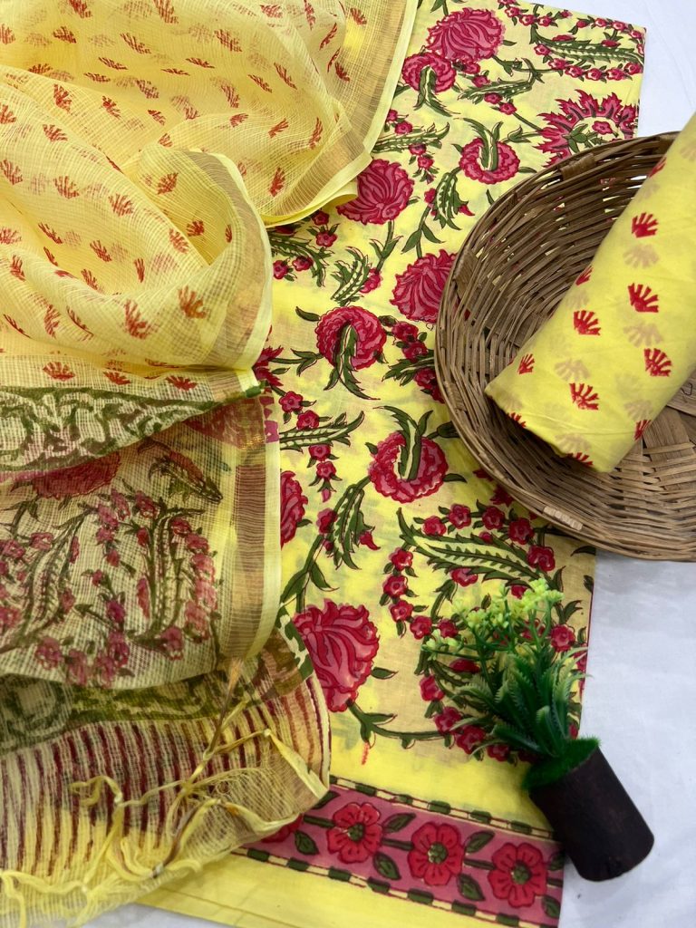 Canary Yellow hand block printed cotton online dress with kota doria dupatta
