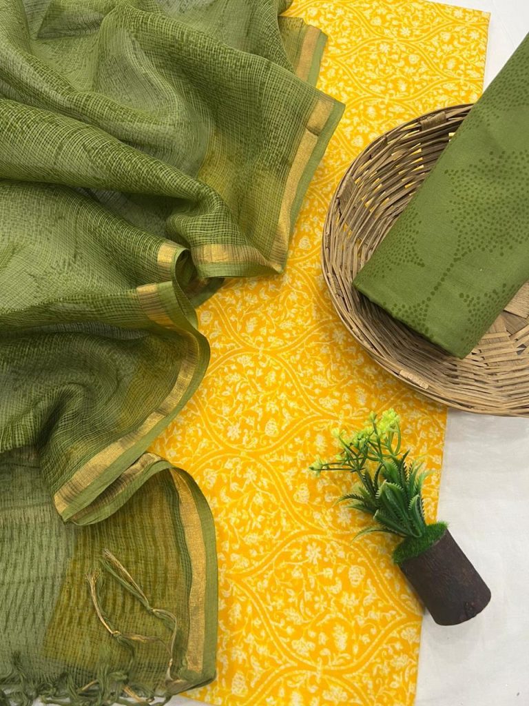 Yellow and green hand block printed cotton dress material at low price with kota doria dupatta