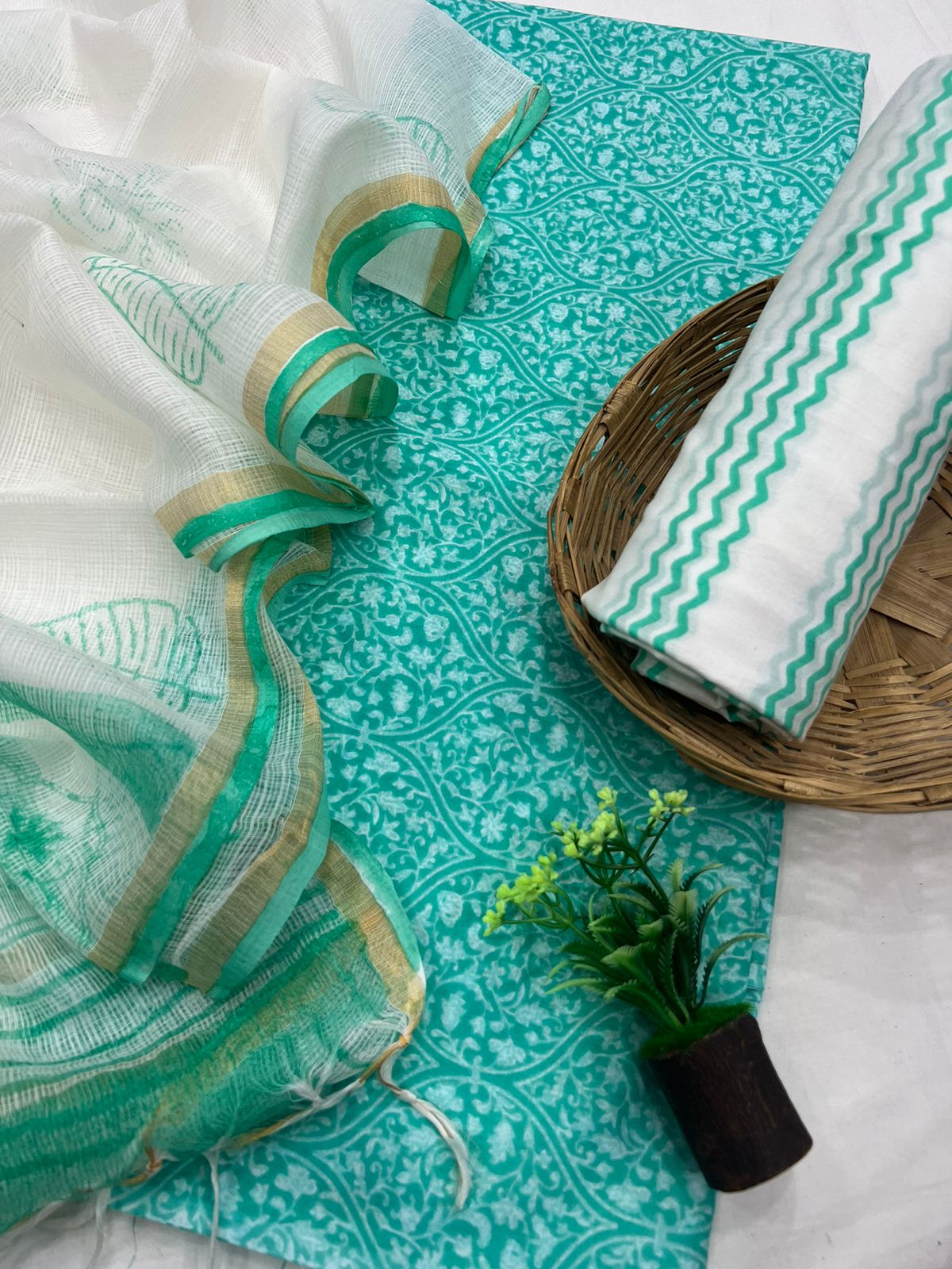 Bright Turquoise unstitched cotton dress materials with kota doria dupatta