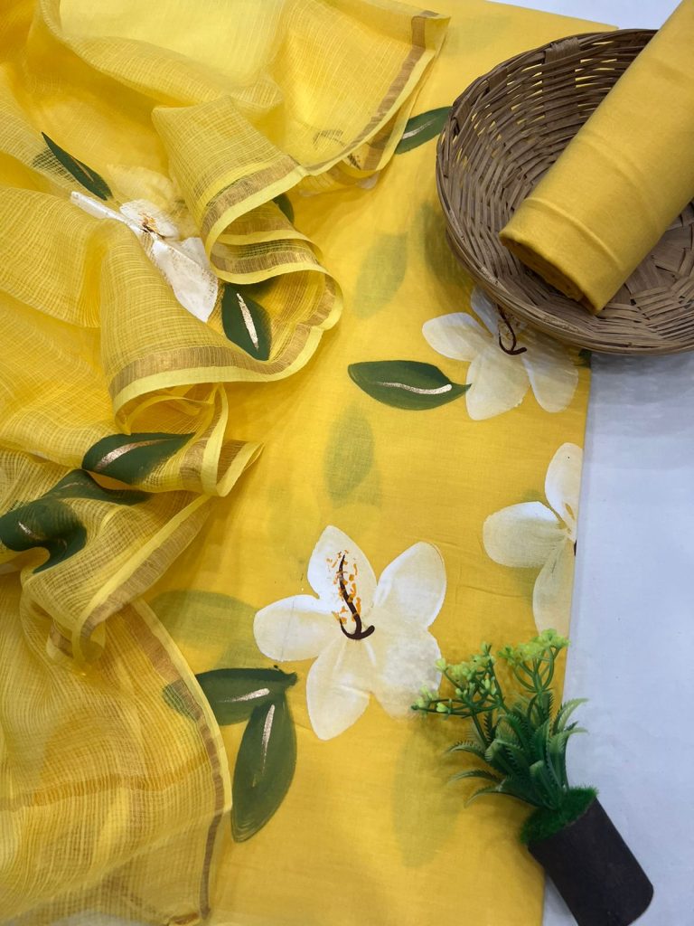Yellow hand brush painted cotton dress material with kota doria dupatta