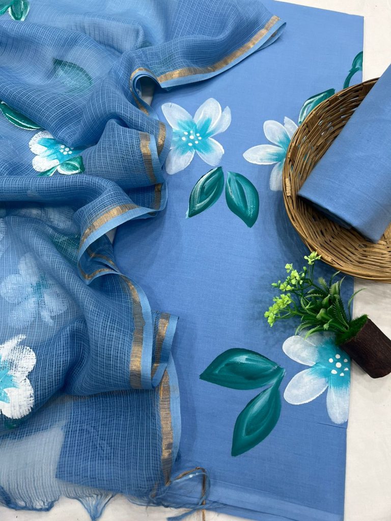 Denim blue hand brush painted cotton dress material with kota doria dupatta