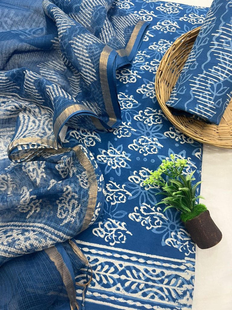 Indigo blue cotton dress online india with kota doria dupatta