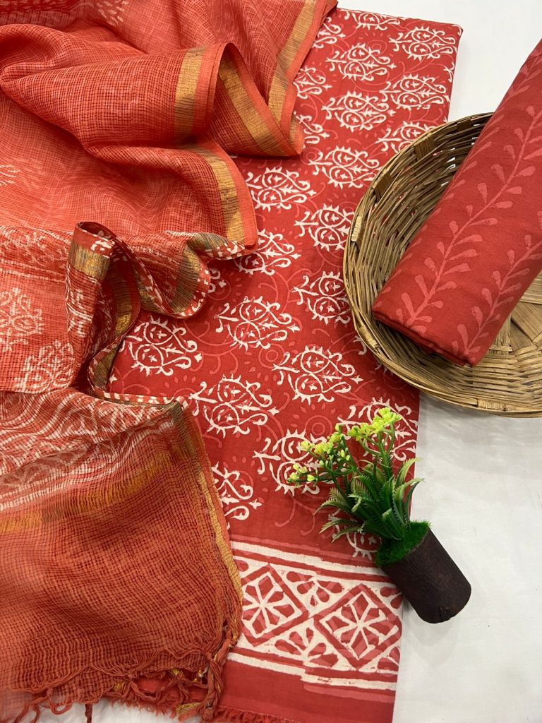 International Orange block printed cotton dress india online with kota doria dupatta