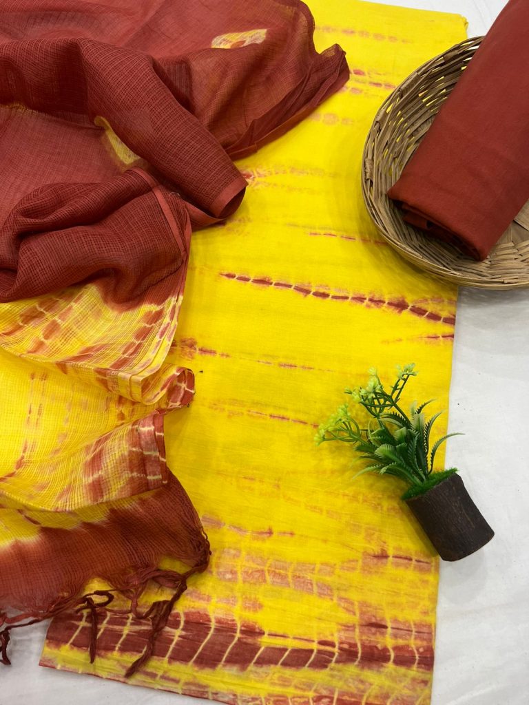 Yellow shibori print unstitched cotton dress material with kota doria dupatta