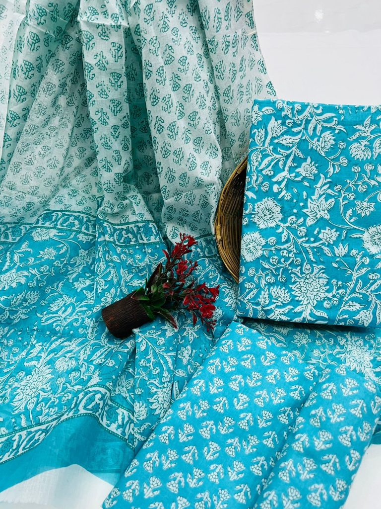 Blue Green hand block print cotton churidar with cotton dupatta