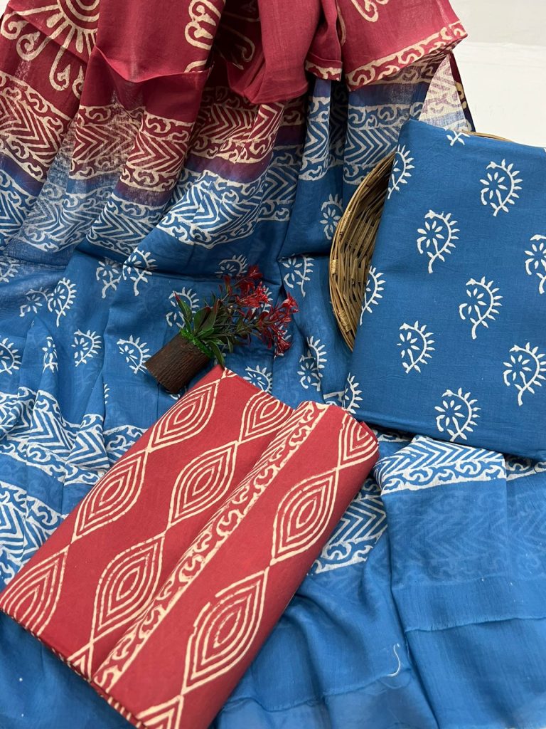 Denim blue cotton dress material with cotton dupatta
