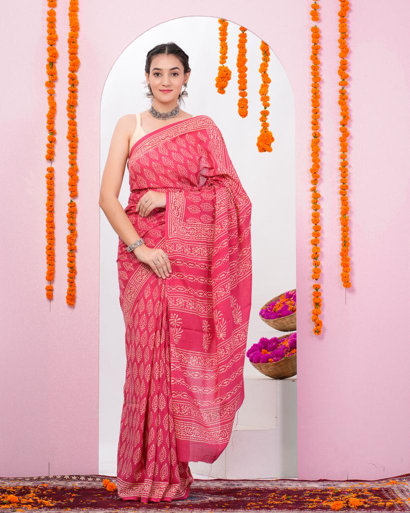 Amaranth hand block printed cotton sarees on sale