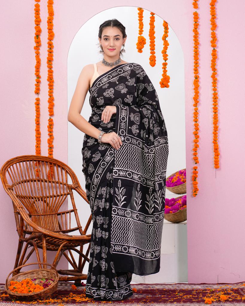 Black block print pure cotton saree with blouse