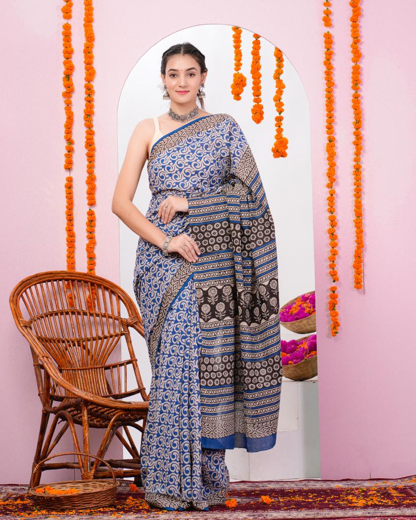 Cerulean Blue new new arrival cotton sarees with blouse