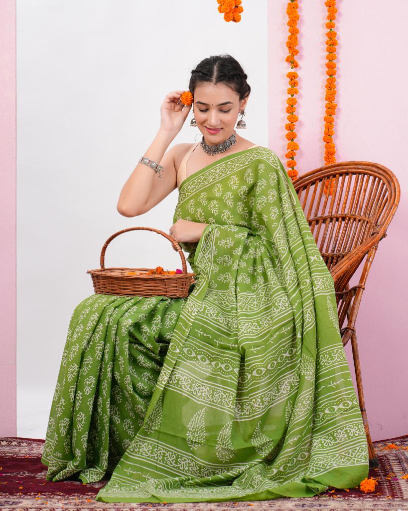Granny Smith Apple hand block printed only cotton sarees