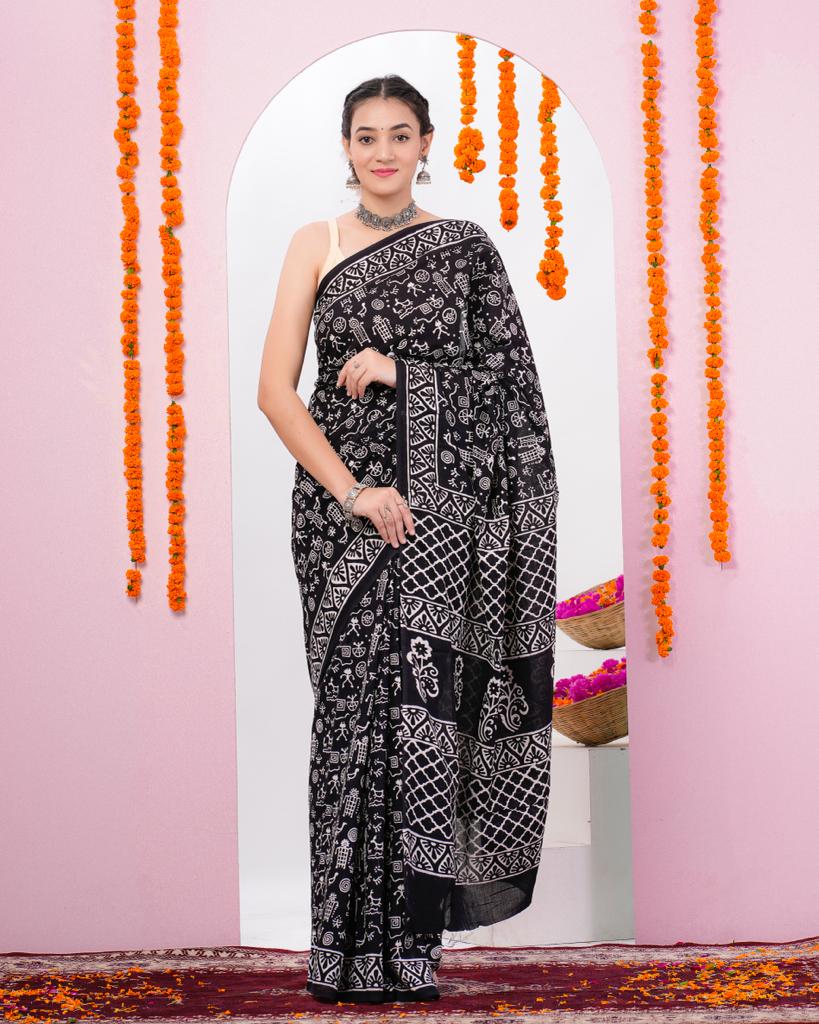 Hand block printed black cotton saree online shopping lowest price
