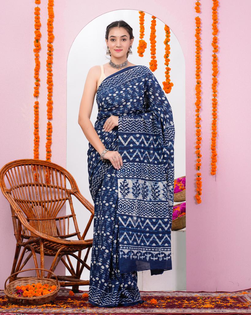 Indigo blue different type of cotton sarees with blouse