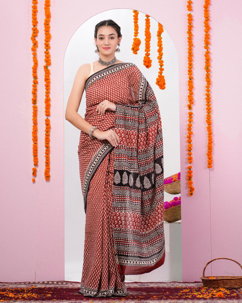 Red bagru print types of cotton sarees