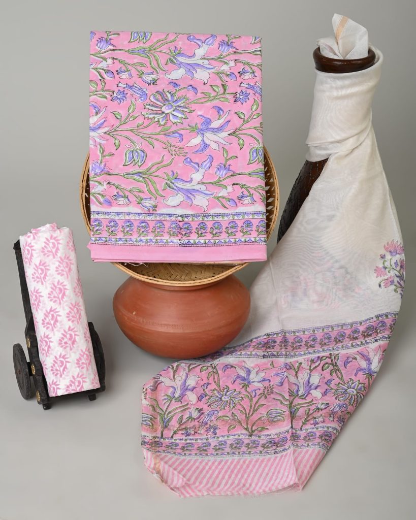 Cotton Candy pink printed cotton suit with chanderi cotton dupatta