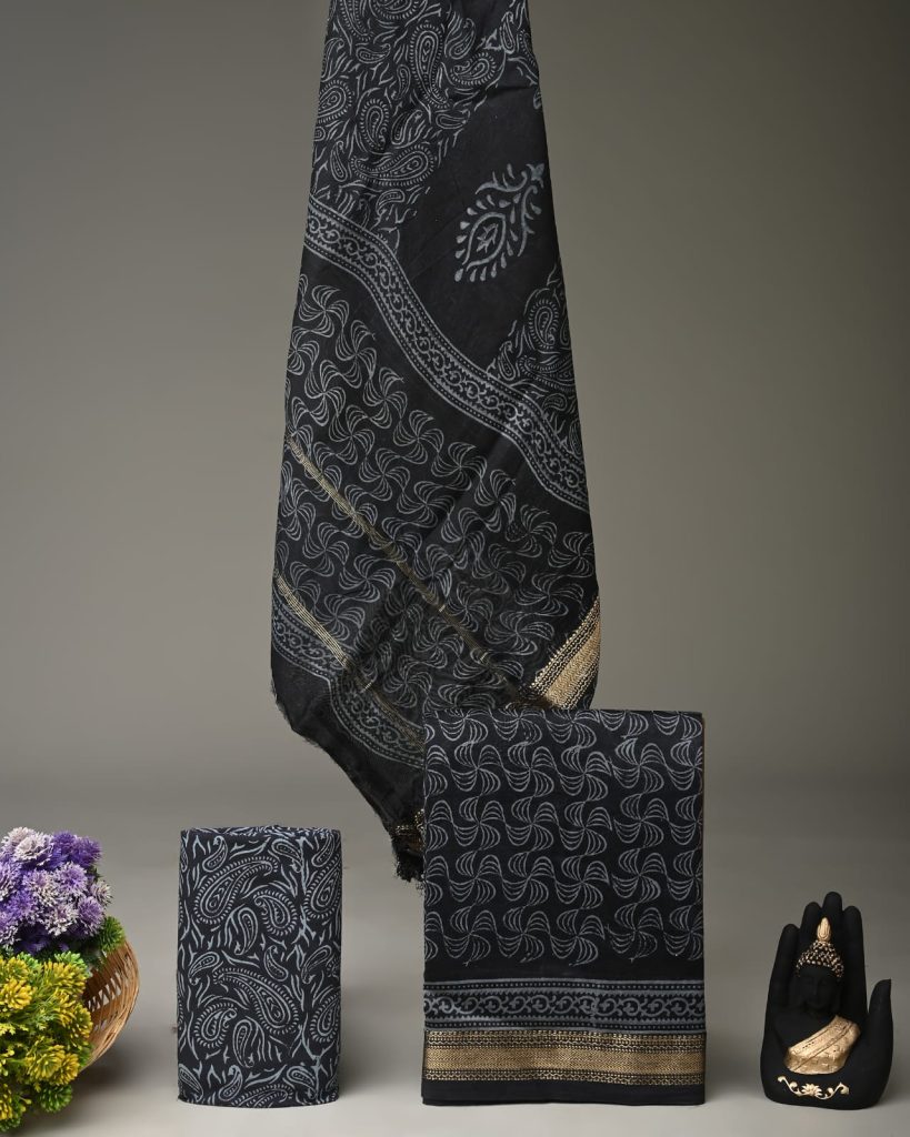 Black block printed pure maheshwari suits