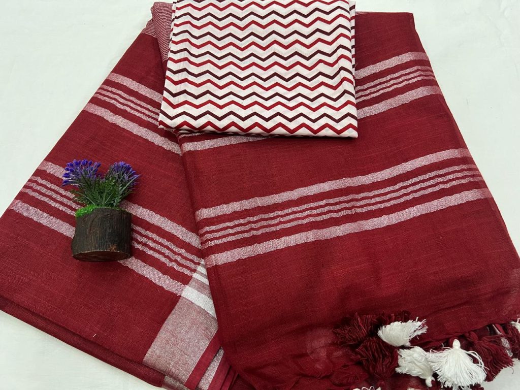 Carmine linen sarees cotton blouse block print designs