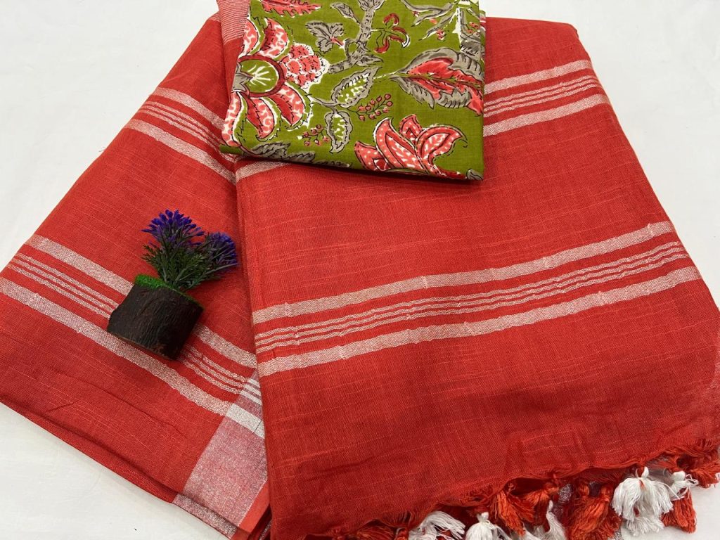 Cinnabar linen sarees with low price