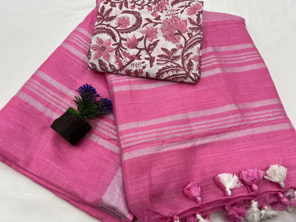 Hot Pink plain linen sarees