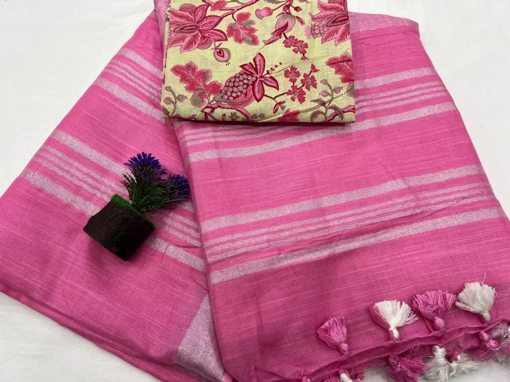 Hot Pink buy linen sarees online with printed blouse