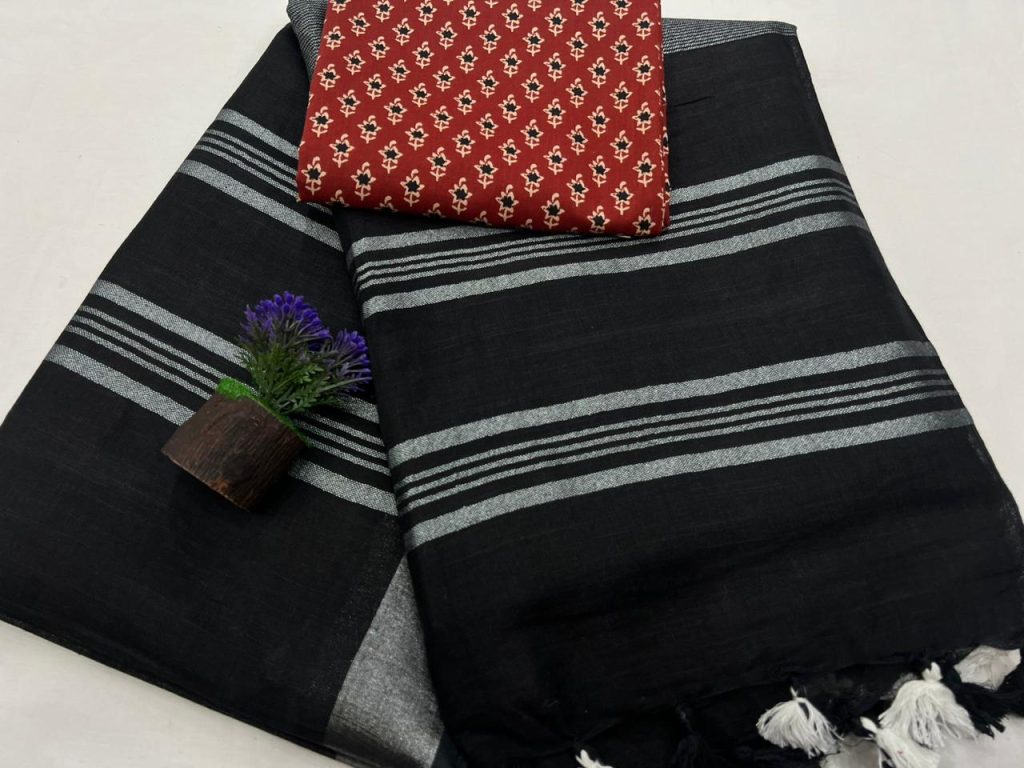Black Plain linen saree online