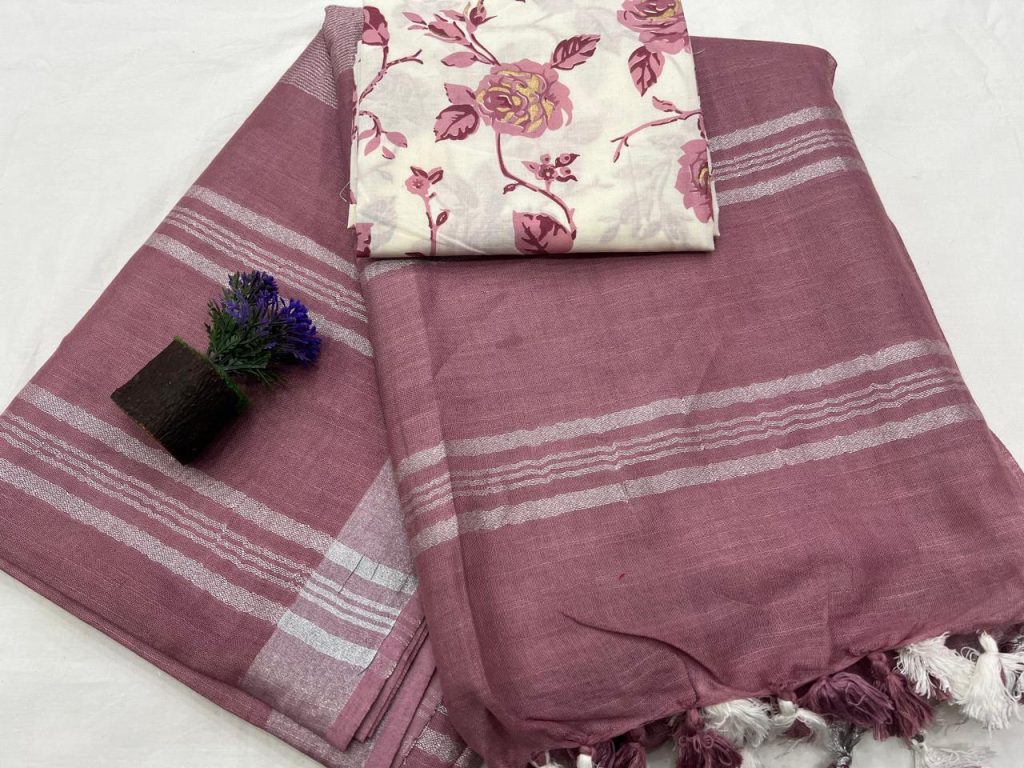 Mountbatten pink pure linen sarees with zari border