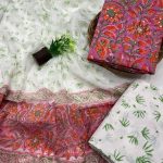 Block printed Byzantine color cotton dress material with chiffon dupatta