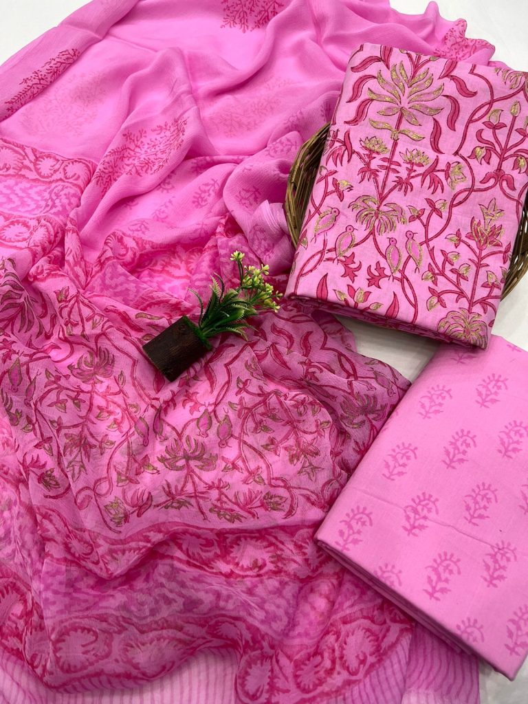 Brilliant Rose pink block printed cotton dress material with chiffon dupatta