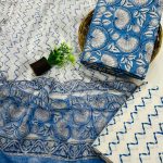 Cerulean Blue block printed cotton dress material with chiffon dupatta
