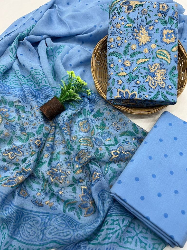 Cornflower Blue gold printed cotton dress material with pure chunni