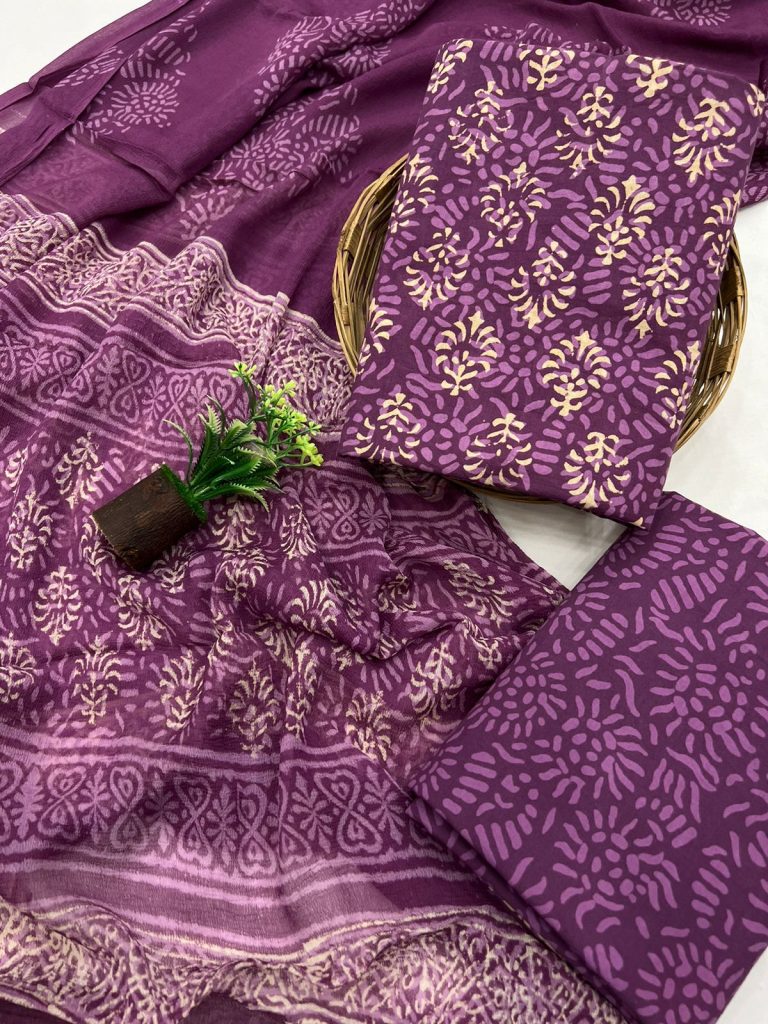 Dark Byzantium block printed cotton dress material with chiffon chunni
